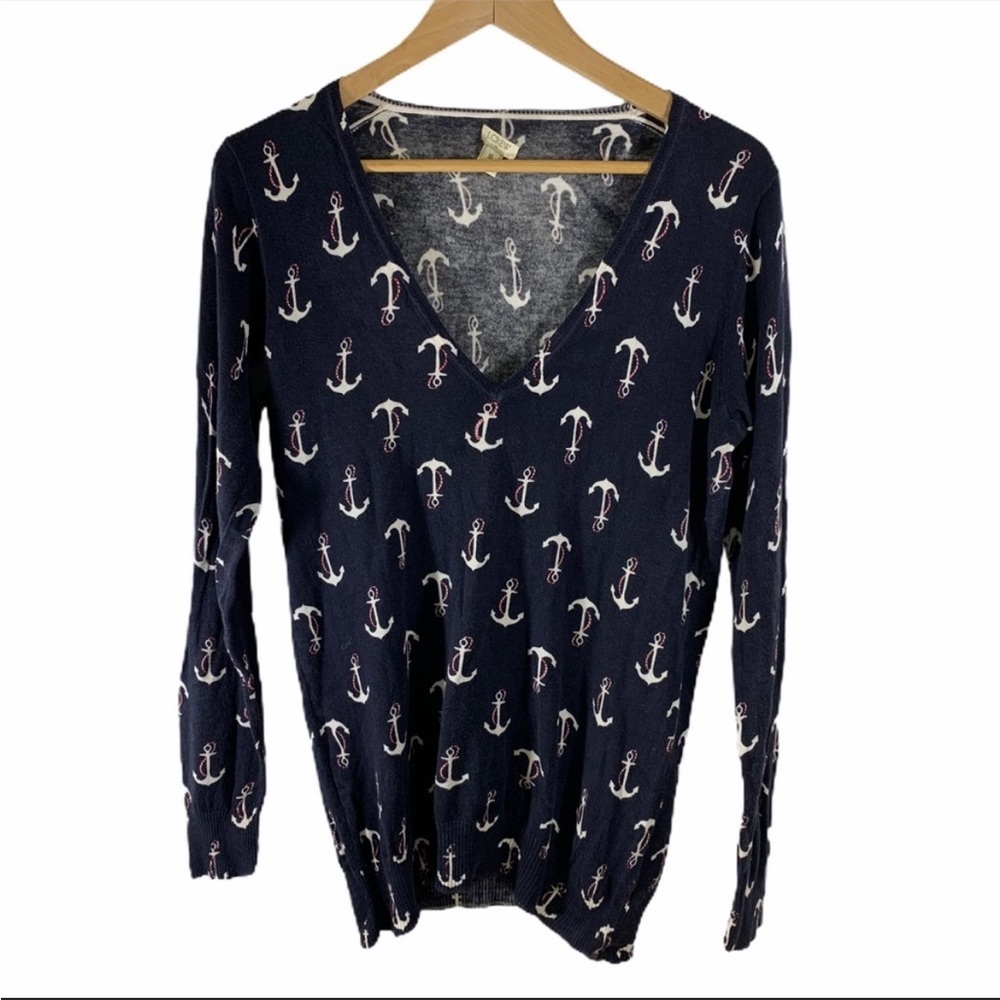 J.Crew Vintage Inspired Hand Printed Anchor V Neck Sweater